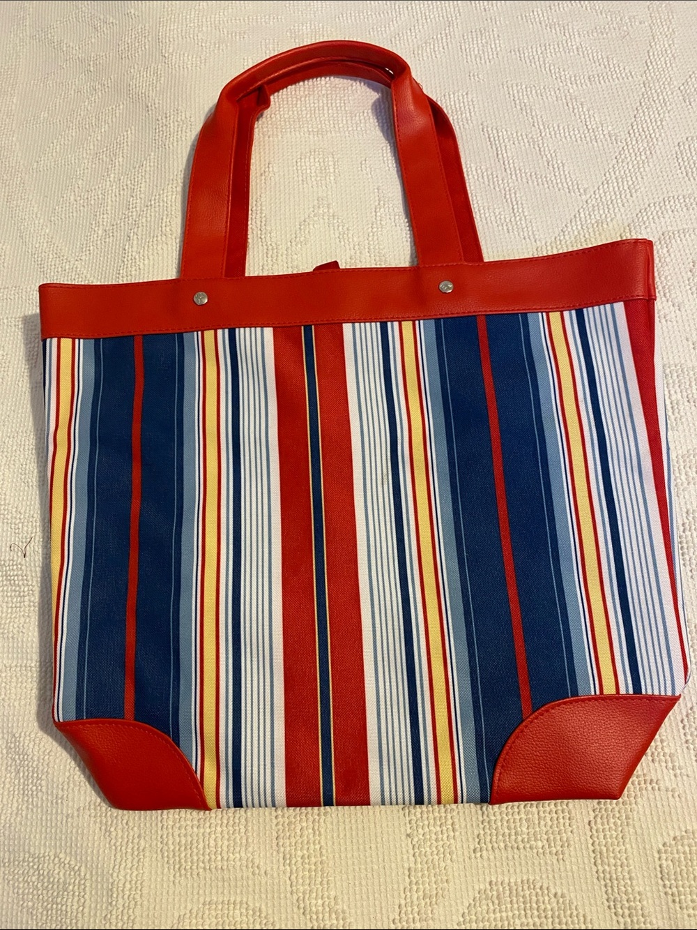 Lancome Red, Navy, White and Yellow Striped Tote